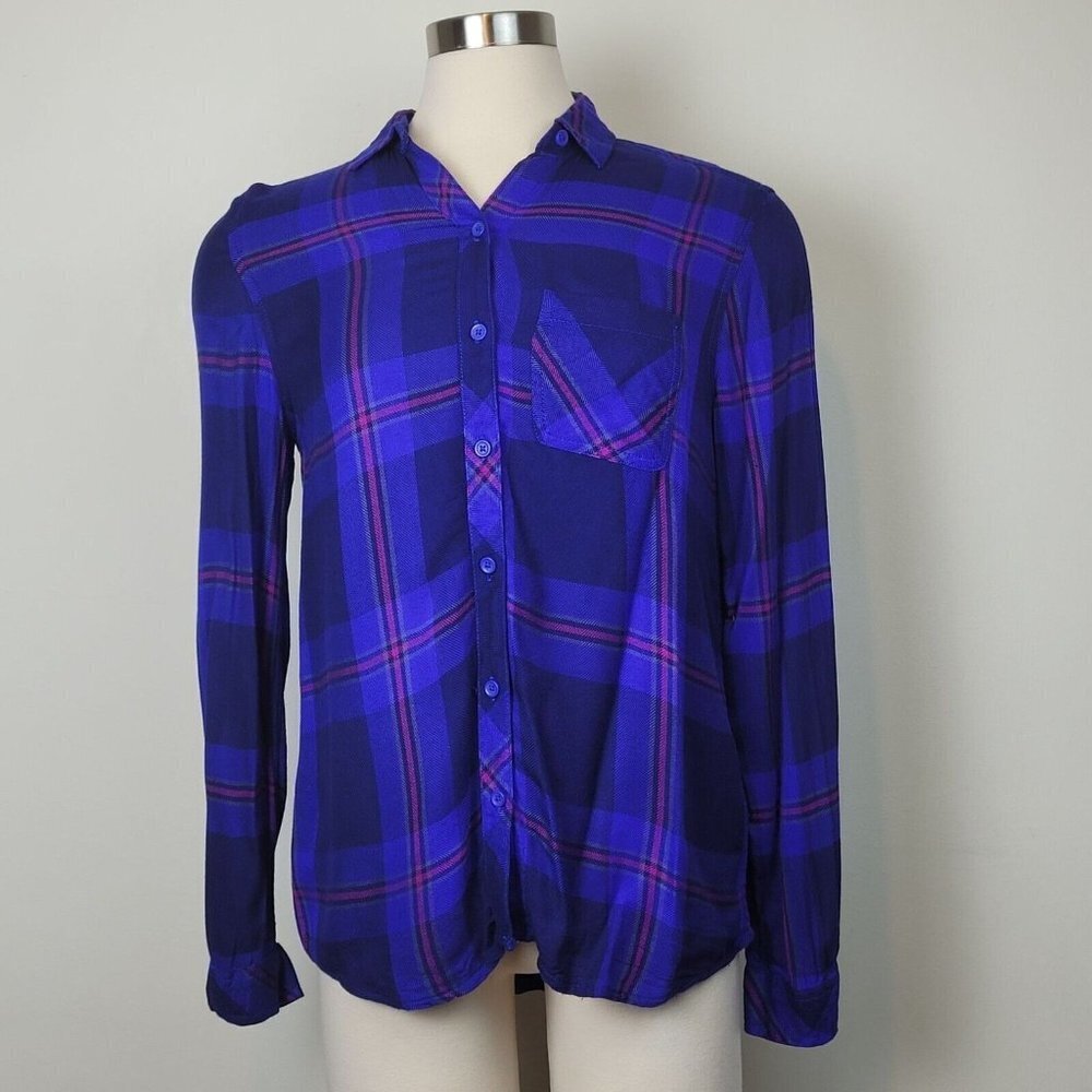 Beach Lunch Lounge Womens Long Sleeve Blue Plaid Flannel Button Down Top Size XS